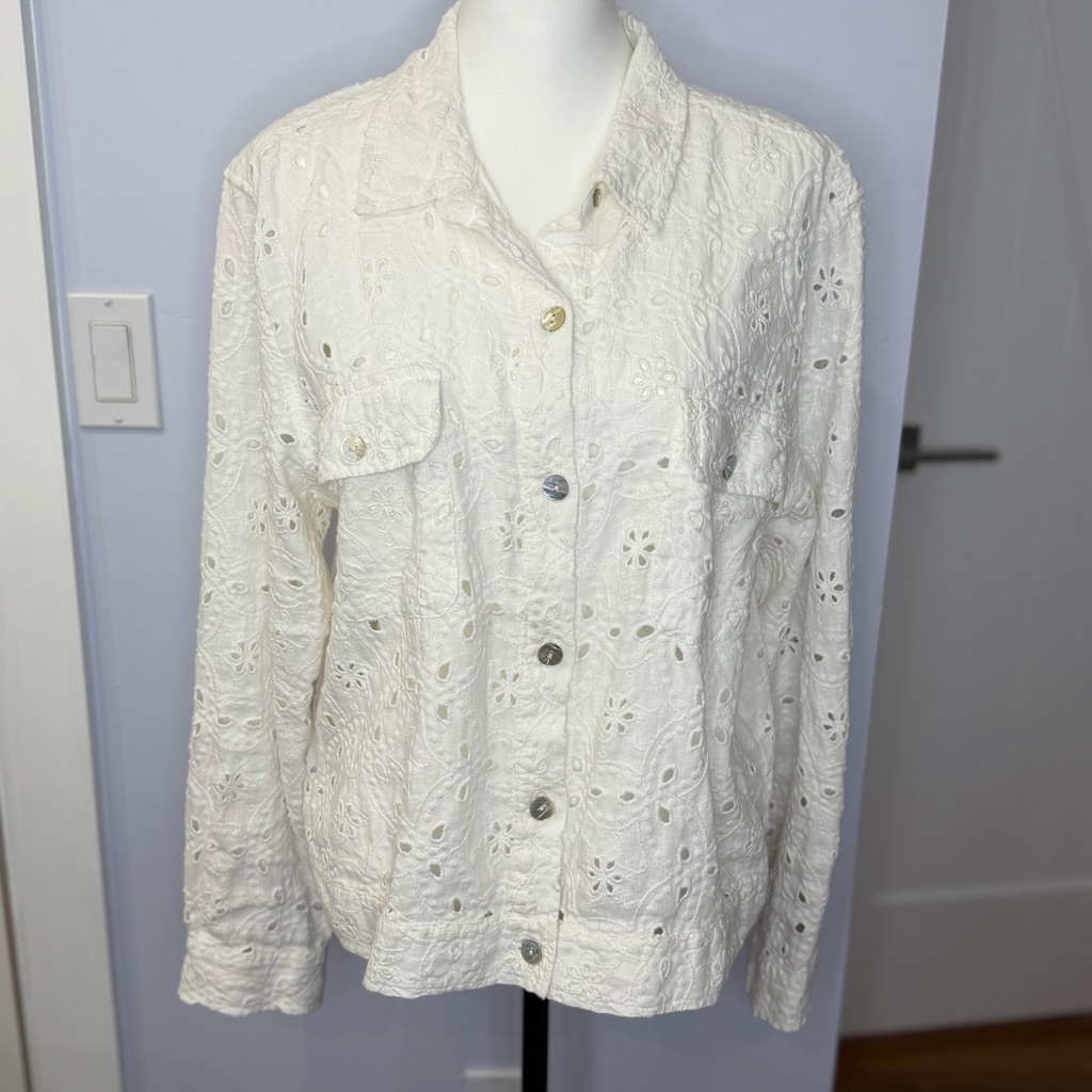 Johnny Was Off White Lace âJean Jacket Styleâ Jacket. Size Large. Like New!